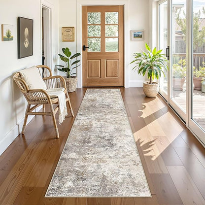 UERMEI 2x8 Washable Runner Rug for Hallway, Non Slip Low Pile Kitchen Carpet, Neutral Modern Abstract Indoor Floor Mat for Entryway Laundry, Kid & Pet Safe High Traffic Area, Brown Grey