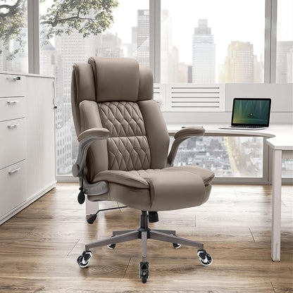 Large High Back Office Chair - Adjustable Lumbar Support Flip Up Arms Heavy Duty Quiet Wheels Metal Base Breathable Bonded Leather Ergonomic Executive Computer Desk Chair with Storage Bags, Khaki