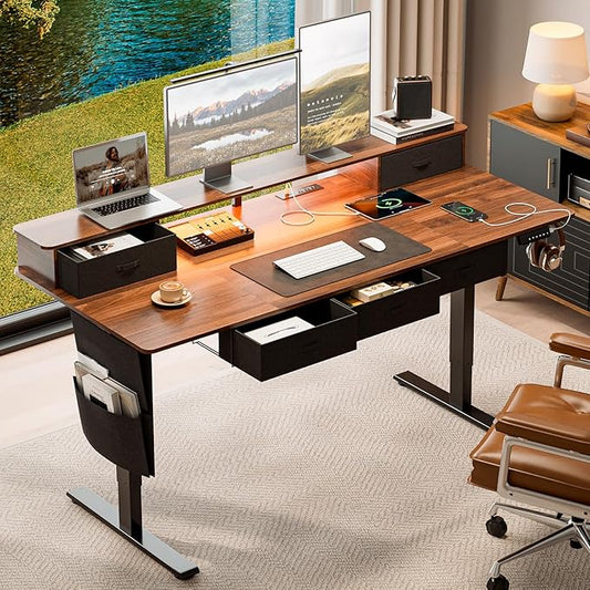 71x32″ Electric Standing Desk with 5 Drawers, Sit Stand Desk with Power Outlets, Monitor Shelf, RGB LED Lights and Cable Management, Height Adjustable 28.3"-47.2" for Home & Office, Walnut