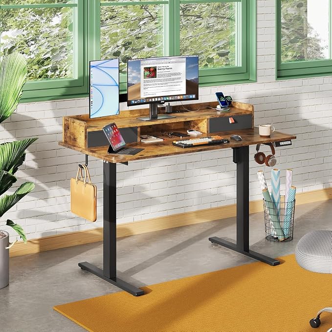 DEVAISE 48 Inch Electric Standing Desk with Shelf, 3 Adjustable Computer Desk for Home Office, with LED Touchscreen，Headphone Hook, 3 Memory Preset, with One-Piece Desktop, Rustic Brown