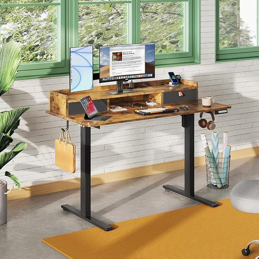 DEVAISE 48 Inch Electric Standing Desk with Shelf, 3 Adjustable Computer Desk for Home Office, with LED Touchscreen，Headphone Hook, 3 Memory Preset, with One-Piece Desktop, Rustic Brown
