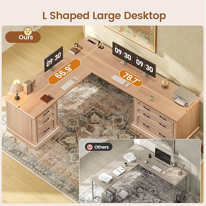 SEDETA Farmhouse 78.8" L Shaped Desk with 6 Drawers, Home Office Desk with Power Outlet, File Cabinet Storage, Wood Corner Computer Desk for Work and Study, Oak