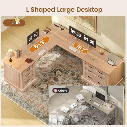 SEDETA Farmhouse 78.8" L Shaped Desk with 6 Drawers, Home Office Desk with Power Outlet, File Cabinet Storage, Wood Corner Computer Desk for Work and Study, Oak