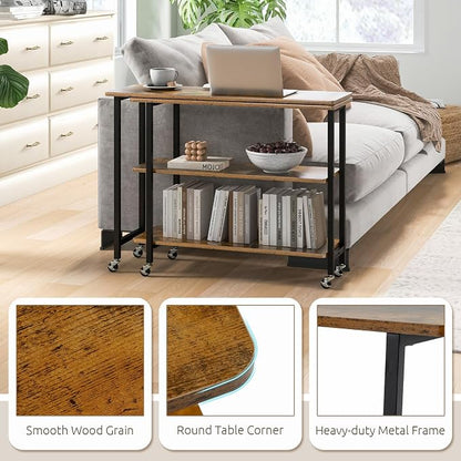 Tangkula 360° Rotating Sofa Side Table, Patented Mobile End Table with 2-Tier Storage Shelves, Swivel Rolling Desk with 6 Lockable Wheels, Metal Frame, Movable Laptop Table Couch Snack Table for Home