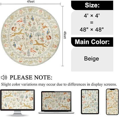 DUKINO 4ft Round Rug, Washable Round Area Rug, Non Slip Indoor Low Pile Animal Design, Soft Small Vintage Circle Carpet for Bedroom, Entryway, Living Room, Dining Room, Beige