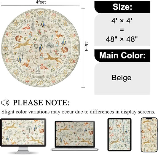 DUKINO 4ft Round Rug, Washable Round Area Rug, Non Slip Indoor Low Pile Animal Design, Soft Small Vintage Circle Carpet for Bedroom, Entryway, Living Room, Dining Room, Beige