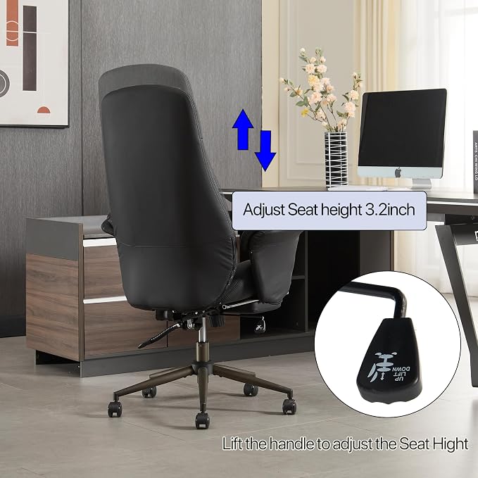 Home Office Desk Chair with Foot Rest, High Back Office Ergonomic Computer Chair with Lumbar Support Adjustable Height Rolling Swivel Chair Executive Task Armrests Black Leather