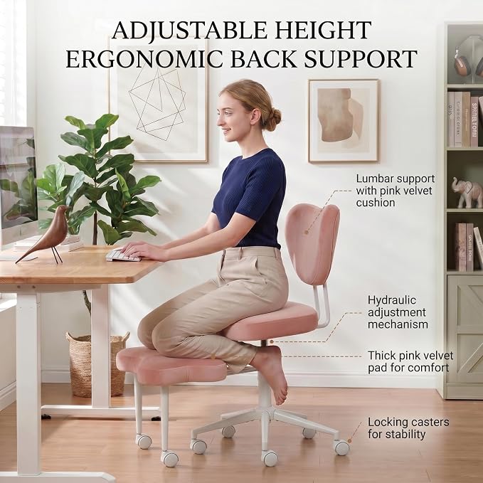 Cross Legged Office Chair with Wheels, 360 Swivel Height-Adjustable Meditation Chair with Lumbar Support, Pink