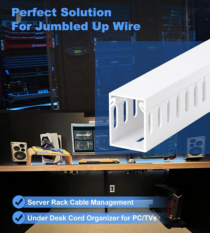 ZhiYo H1.6in W1.2in Professional Server Rack Cable Management Raceway, 99in (6 x L16.5in) Cable Raceway Kit, Electrically Safe PVC Open Slot Wire Raceway for Under Desk/Computer/Network Cords, White