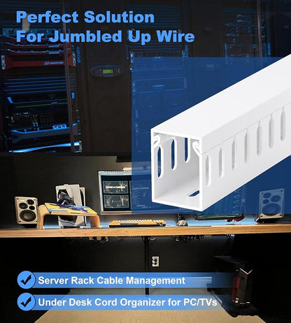 ZhiYo H1.6in W1.2in Professional Server Rack Cable Management Raceway, 6ft (2 x L3ft) Cable Raceway Kit, Electrically Safe PVC Open Slot Wire Raceway for Under Desk/Computer/Network Cords, White