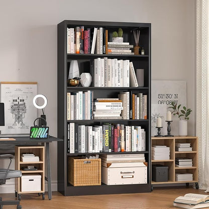 OSEILLC Bookshelf, Metal 5 Tier Industrial Bookshelves, 14" Deep Book Case for Book/Decor/CD/Movie, Adjustable Book Shelf, 66" Tall Modern Bookshelf for Bedroom Living Room Home Office School, Black