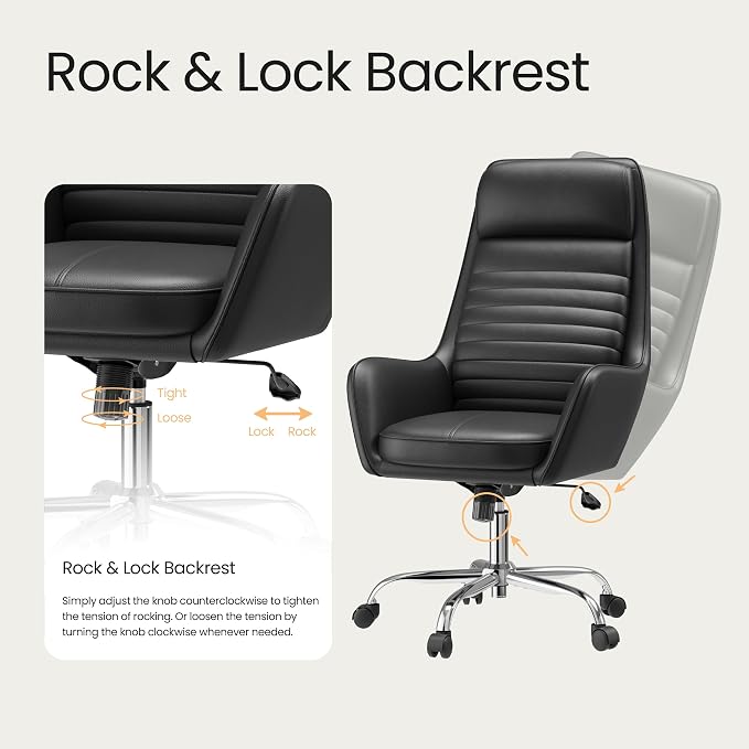 COLAMY Ellis High-Back Home Office Desk Chair, Leather Executive Chair with Integrated Armrests, Black