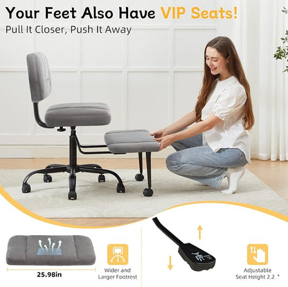 Criss Cross Legged Office Chair with Wheels,Swivel Meditation Chair for ADHD,Ergonomic Desk Chair with Thicken Adjustable Footstool,Fabric Sitting Fidgeting Kneeling Chair for Home Yoga Grey