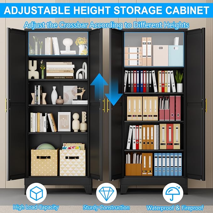 pozdeg 71" Tall Metal Storage Cabinet with 2 Doors & 4 Adjustable Shelves, Steel File Cabinet Multipurpose Organizer for Home Office Garage (Black)