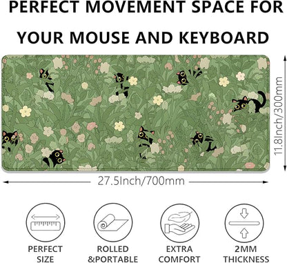 Cute Cats Desk Pad Mouse Pad,Sage Green Plants Flowers Floral Mouse Mat Large,Stitched Edges Non-Slip Waterproof Rubber Base Mous Mat for Office Home Work Gaming(27.5X11.8 in)