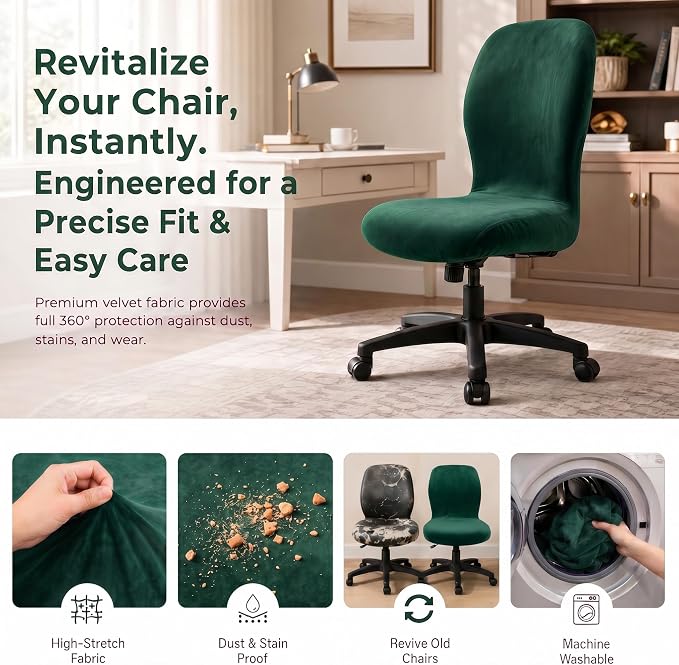 Deisy Dee Velvet Stretch Armless Office Chair Covers - Colorful Stretch Slipcover for Desk Chairs (Kelly)