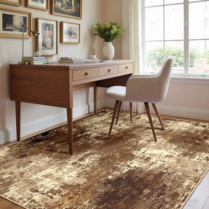 RELEANY Washable Area Rugs 4'x6' Non-Slip Modern Abstract Soft for Living Room Entryway Bedroom Kitchen, Print Pattern, Brown Tan Beige Coffee