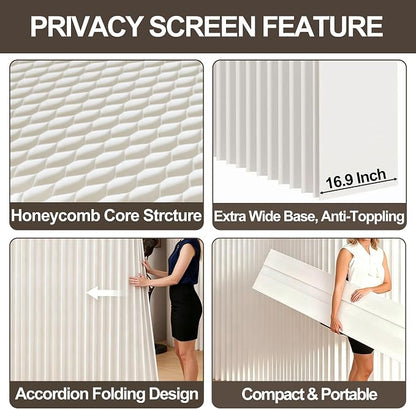 3D Scallop Textured Room Divider, Freestanding Privacy Screen, Modern Accordion Folding Kraft Paper Partition, No Drill, Portable Room Separator for Home, Office, Studio & Salon, White