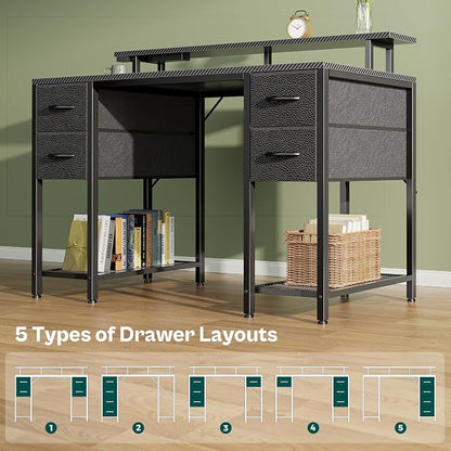 Huuger 47 inch Computer Desk with 4 Drawers, Gaming Desk with LED Lights & Power Outlets, Home Office Desk with Large Storage Space for Bedroom, Work from Home, Carbon Fibre Black