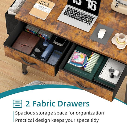 CAIYUN Computer Office Desk for Small Space with Fabric Drawers, Home Office Desk for Bedroom with Side Pocket and Hook, 31 Inch Brown Kid’s Desk, Writing Desk, Study Table and Work Desk