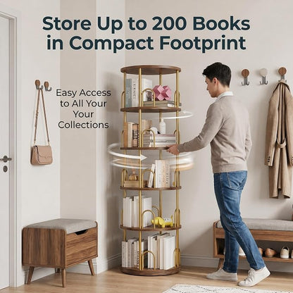 5-Tier Rotating Bookshelf, 360° Round Spinning Book Shelf Tower, Tall Skinny Wood & Metal Bookshelf for Corner/Office/Home, Modern Industrial Vintage Style