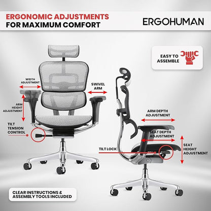 Ergohuman Eurotech ME7ERG GEN2 High Back Mesh Office Chair with Tilt Tension Control, Tilt Lock, Back Angle, Back Height, Synchro Tilt, Seat Height, Seat Depth, and Arm Height Adjustments, Grey