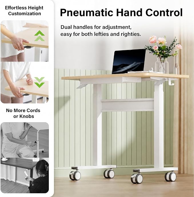 Standing Desk for Walking Pad with Wheels, Pneumatic Cordless Height Adjustable Rolling Desk, Computer Workstation with Drawer Hook Locking Casters for Treadmill Home Office, Light Wood