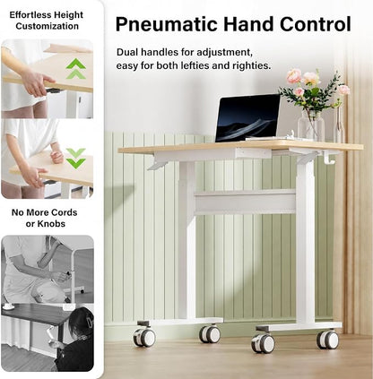 Standing Desk for Walking Pad with Wheels, Pneumatic Cordless Height Adjustable Rolling Desk, Computer Workstation with Drawer Hook Locking Casters for Treadmill Home Office, Light Wood
