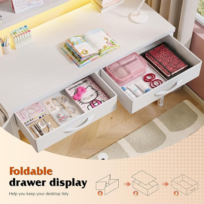 DurayLoly 32" Computer Desk with 2Drawers and Side Pocket for Teenagers,Office Desk with Monitor Stand and LED Lights, Study Writing Table with Anti-Tip Design for Small Spaces,Glacier White