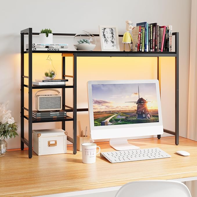 HavenlyYouth Desk Shelf with LED Light Strip, 3-Tier Storage Desktop Organizer Shelf, 38.6" Wood Desktop Bookshelf for Computer Monitor, Desk Hutch for Home Office Dorm, Black