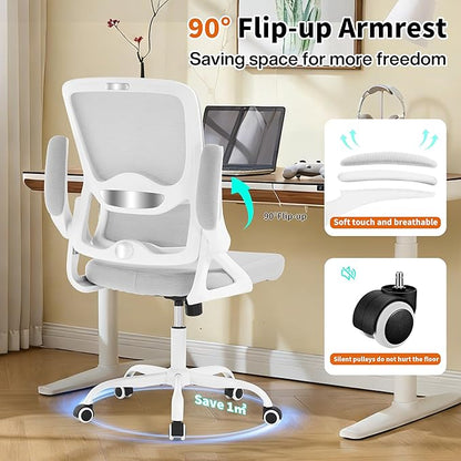 Ergonomic Office Chair,Mesh Office Chair with Lumbar Support,Mid Back Desk Chair with Flip-up Arms,400 lbs Comfy Computer Chair for Home Office (Off-White Gray)