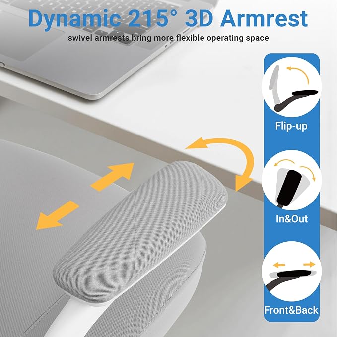 HYLONE Office Chair Ergonomic Desk Chair with Flip up Armrests, 5" Thickened Seat Computer Chair with Mesh Back Home Office Computer Chairs for Long Hours Mesh Executive Chair(White Base & Grey)