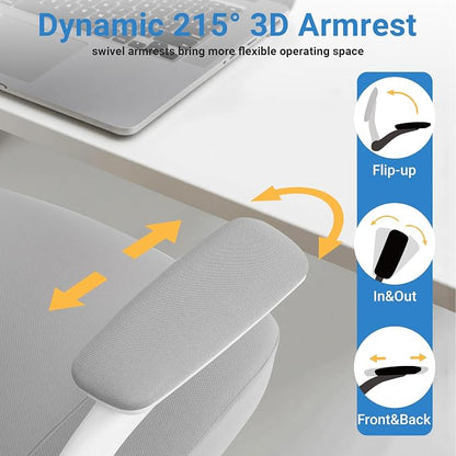 HYLONE Office Chair Ergonomic Desk Chair with Flip up Armrests, 5" Thickened Seat Computer Chair with Mesh Back Home Office Computer Chairs for Long Hours Mesh Executive Chair(White Base & Grey)