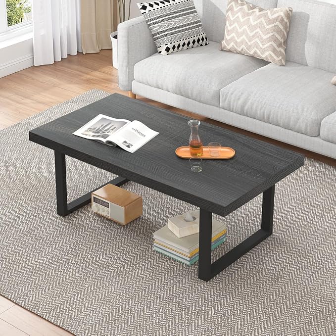 IBF Industrial Grey Coffee Table, Modern Simple Wood and Metal Center Tables, Minimalist Rectangle Wooden Living Room Table, Vintage Rustic Cocktail Tea Table for Home Bedroom, Dark Gray Oak, 39 inch