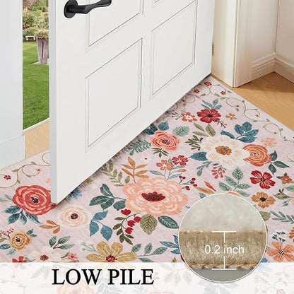 DUKINO 2x6 Runner Rug for Hallway, Washable Kitchen Runner Rug with Non Slip Backing, Low Pile Soft Boho Floral Runner for Kitchen, Hallway, Entryway, Laundry, Bedroom, Beige