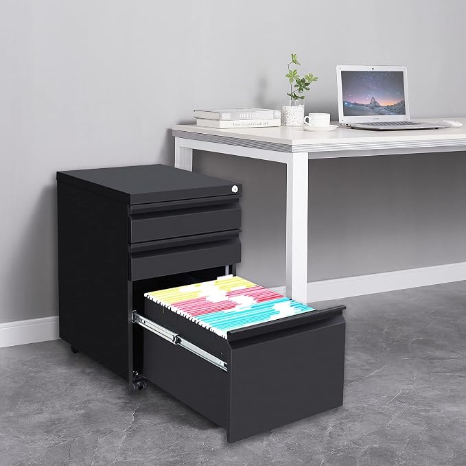 3 Drawer File Cabinet with Lock, Steel Mobile Filing Cabinet on Anti-tilt Wheels, Rolling Locking Office Cabinets Under Desk for Legal/Letter Size (Black)