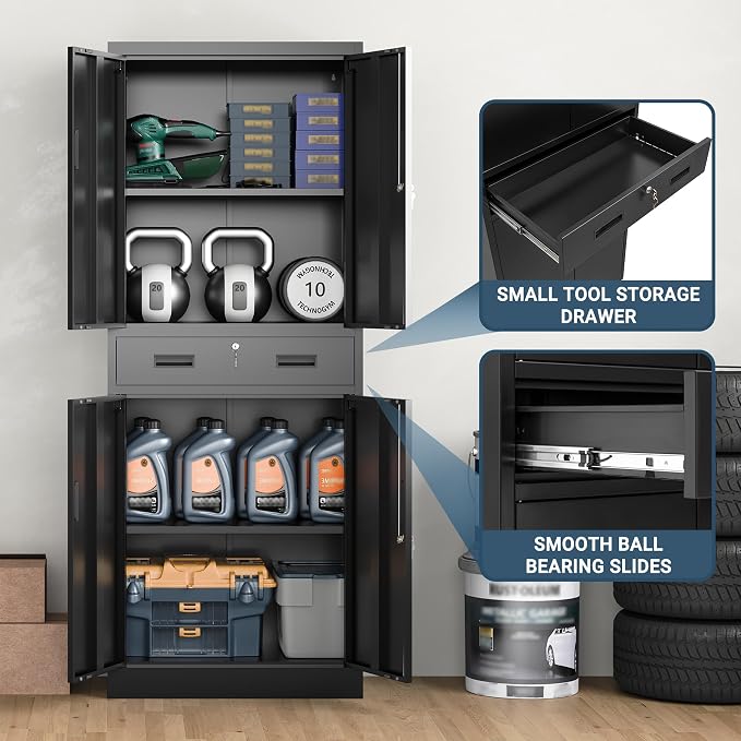 71" H Tall Metal Storage Cabinet with Drawer, Metal Garage Storage Cabinet with Lock and 2 Adjustable Shelves for Home, Office, Garage, Warehouse Organize, Black