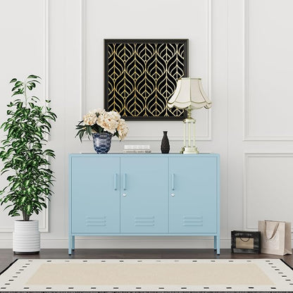 Blue Metal Storage Cabinet with Lock, 47.5" Wide Ventilated Door Locker, 2 Adjustable Shelves, Heavy Duty Home Accent Cabinet for Living Room Kitchen Office Study