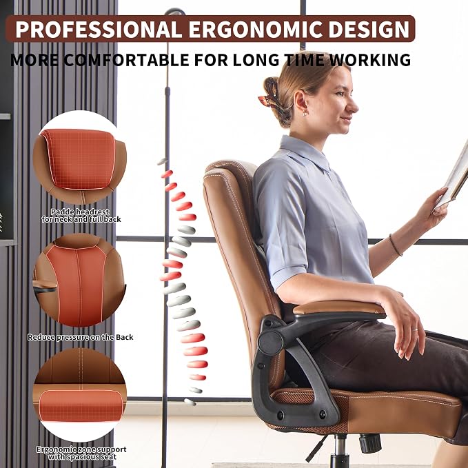 Executive Office Chair, Ergonomic PU Leather Computer Chairs, Executive Breathable Desk Chair with Padded Flip-Up Arms, 360° Swivel Rolling Chair Comfy Padded for Working Studying Gaming (Brown)