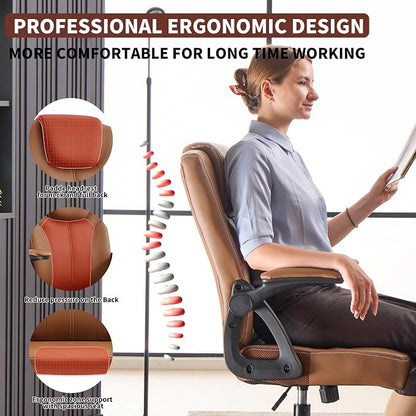 Executive Office Chair, Ergonomic PU Leather Computer Chairs, Executive Breathable Desk Chair with Padded Flip-Up Arms, 360° Swivel Rolling Chair Comfy Padded for Working Studying Gaming (Brown)