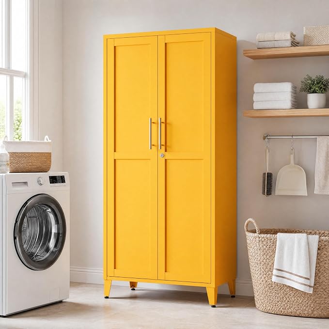 Metal Storage Cabinet with Lock,Yellow Steel Tool Cabinet with 3 Adjustable Shelves,61 Tall Freestanding Heavy Duty Garage Locker for Home Office Kitchen 61" H X 27.6" W X 13.8" D