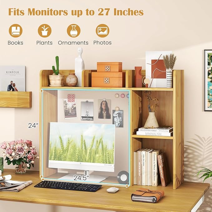 LDAILY Desktop Shelf, Multipurpose Wood Desk Hutch for Max 27" Computer Monitor, Countertop Storage Hutch with 5 Shelves, 3 Tier Desktop Display Rack for Dorm Office Home (Burlywood)
