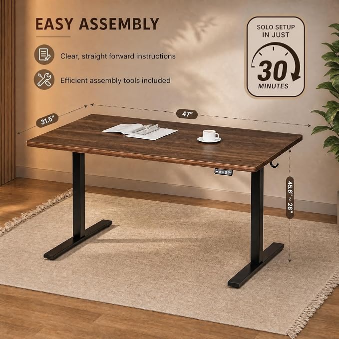 Grandder 47x32 Large Electric Standing Desk, Height Adjustable Computer Desk with 2 Memory Presets, 31.5" Deep Desktop Sit Stand Desk Home Office Desk Workstation Table with Hooks, Walnut