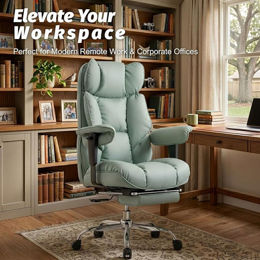 Efomao Executive Office Chair 400lbs,Green Big and Tall Desk Chair | Mattress-grade pocket spring cushion, sleek leather, 135° recline & footrest for computer gaming setup.