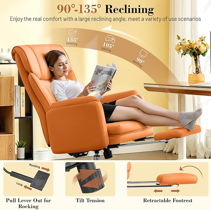 Big and Tall Office Chair, 400LBS Wide Leather Gaming Chair with Footrest, High Back Executive Chair, Reversible Armrest for Pets, 135° Reclining Cross Legged Desk Chair with Lumbar Support(Brown)