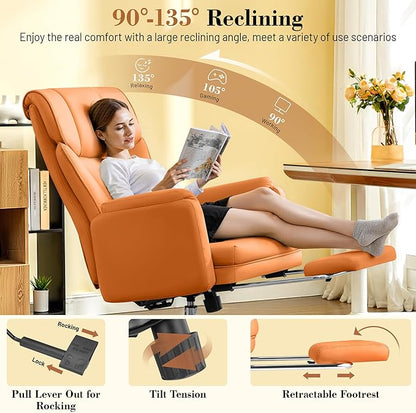 Big and Tall Office Chair, 400LBS Wide Leather Gaming Chair with Footrest, High Back Executive Chair, Reversible Armrest for Pets, 135° Reclining Cross Legged Desk Chair with Lumbar Support(Brown)