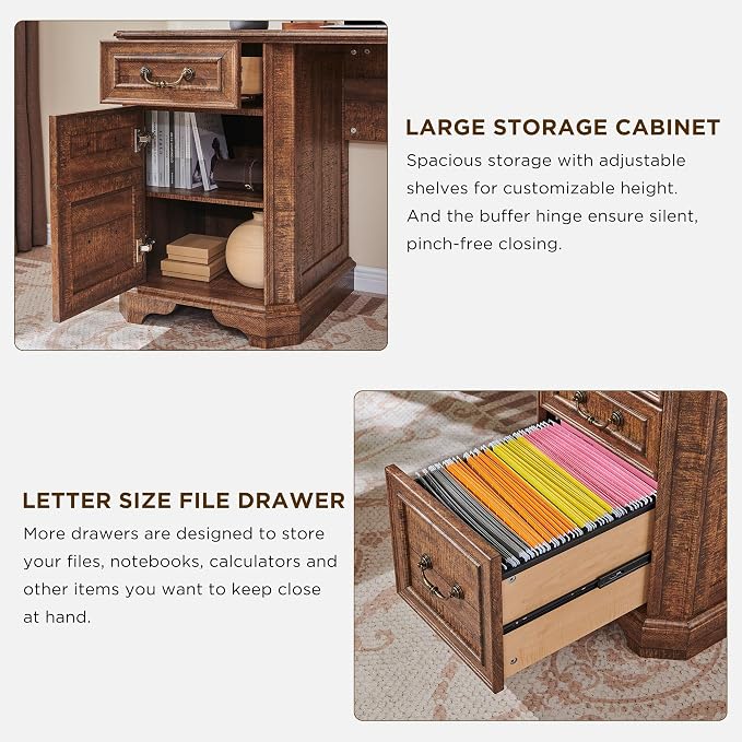 T4TREAM 59" Executive L Shaped Desk with Hutch,Victorian Wood Computer Desk, Featuring Charging Station,File Drawer, Storage Cabinet,for Home Office Work and Study (Reclaimed Barnwood)