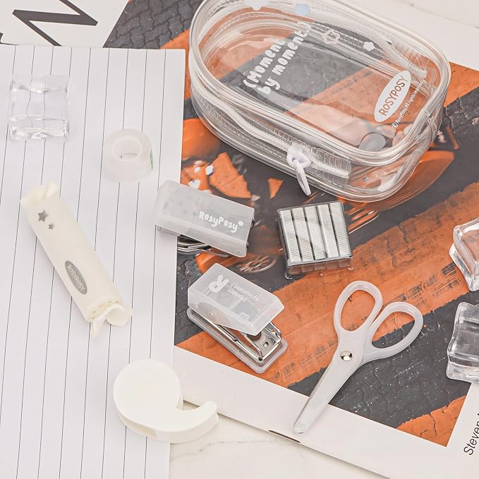 7-Pieces Clear Desk Organizer Set - with Stapler, Hole Punch, Tape Dispenser, Scissors & Highlighters, Transparent Office Supplies Kit for Home Office, School & Workspace