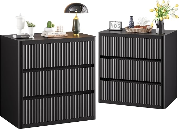 Black Nightstand Set 2, Bedside Table with 3 Drawers Storage, Curved Profile Fluted Night Stand for Bedroom, Wooden Side Tables Living Room, 24.8” Wide End Table for Sofa Couch, Handleless Design