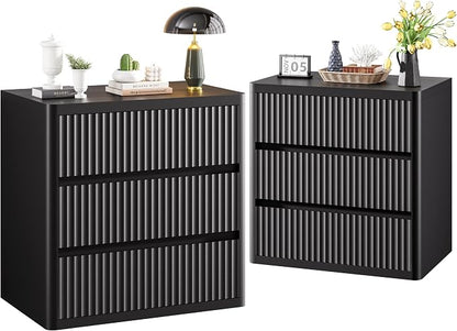 Black Nightstand Set 2, Bedside Table with 3 Drawers Storage, Curved Profile Fluted Night Stand for Bedroom, Wooden Side Tables Living Room, 24.8” Wide End Table for Sofa Couch, Handleless Design